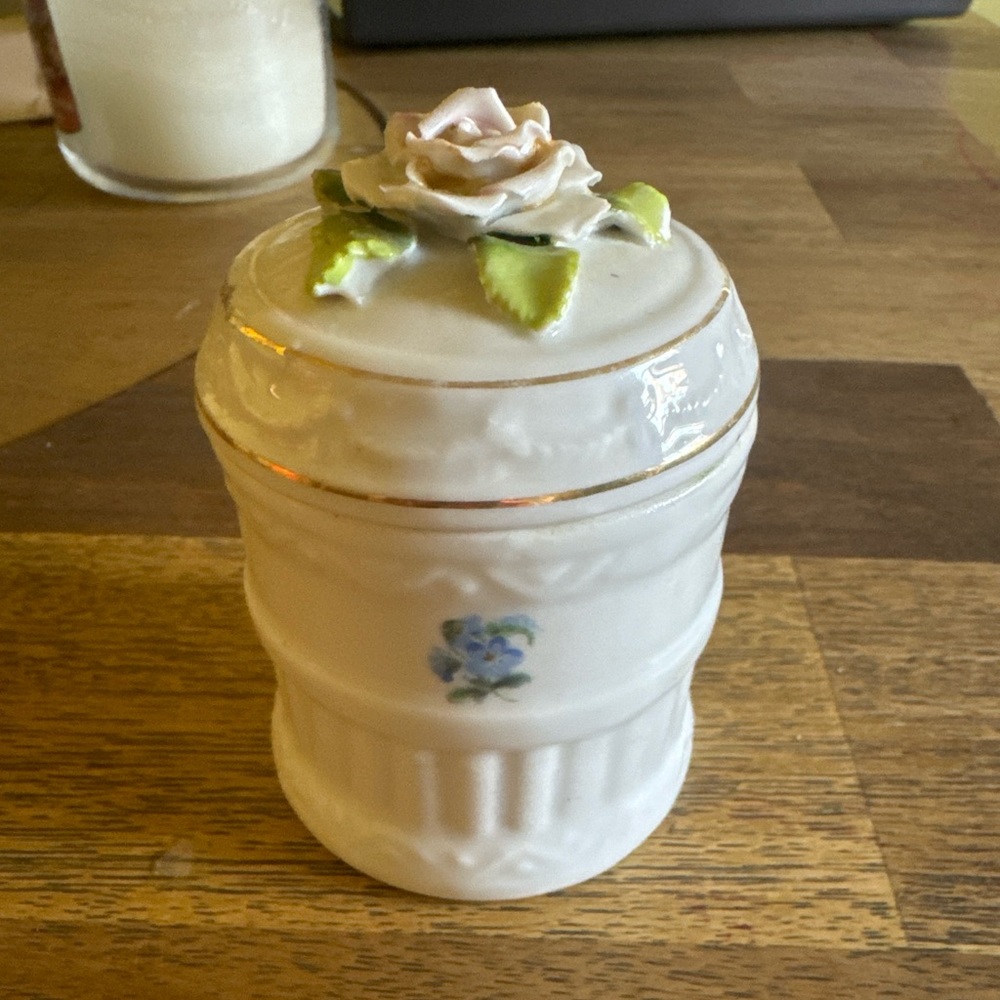 Vintage German Porcelain Small Container with Lid Hand painted Textured Flowers